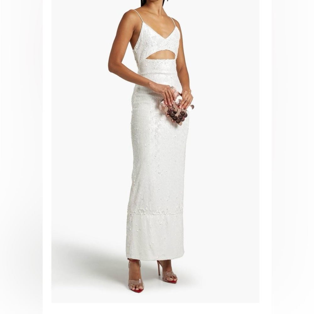Alice + Olivia White Calli cut out Backless Dress sequined maxi size 6 $695